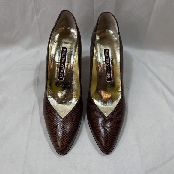 Vintage Walter Steiger Heels Pumps Sz 7.5 AA Brown Embossed Leather Handmade Ita - Picture 2 of 14